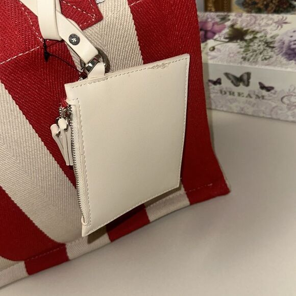 RAE DUNN Large Rare Retro Red Ivory Stripe Woven Canvas Bonjour Shopper Tote - Picture 9 of 15